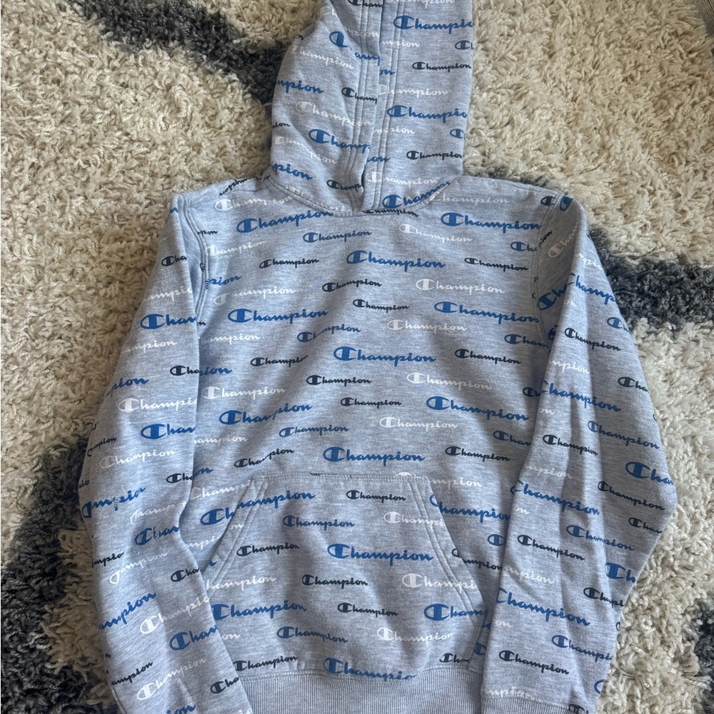 Champion Gray Hoodie with Blue Logo Accents